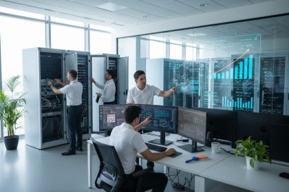 Technicien effectuant une maintenance préventive sur un équipement informatique