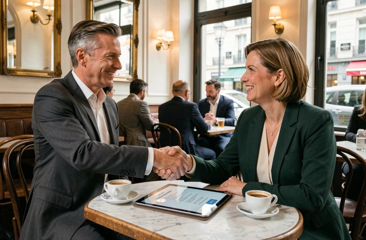 Deux professionnels finalisant un accord d'apporteur d'affaires avec tablette affichant les conditions de rémunération dans un café parisien