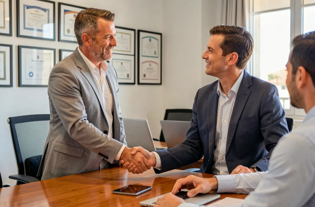 Professionnel en portage salarial signant un accord avec un conseiller dans une salle de réunion à Cannes