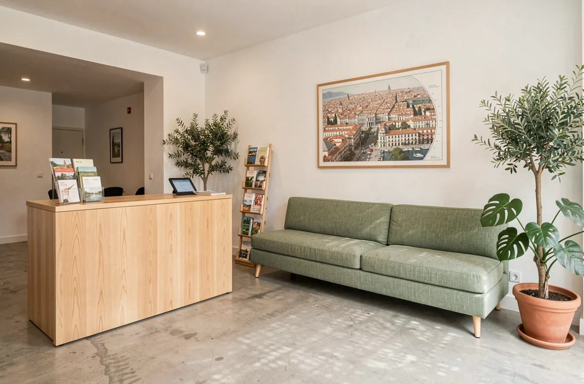 Accueil et espace lounge d'un coworking moderne à Nice décoré avec soin