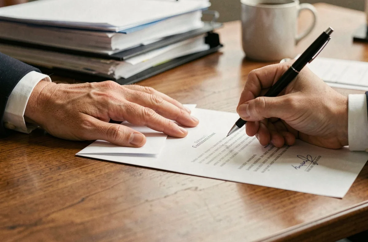Gros plan sur la signature d'un accusé de réception lors d'une remise de lettre en main propre sur un bureau en bois