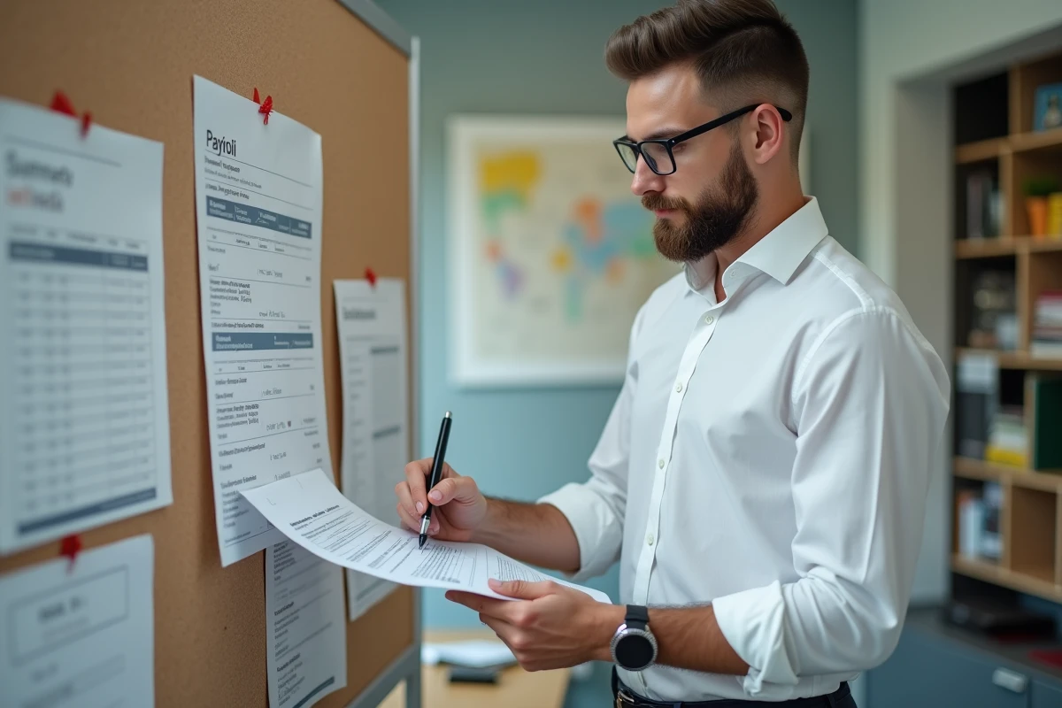 Jeune administrateur examine un document de paie dans son bureau