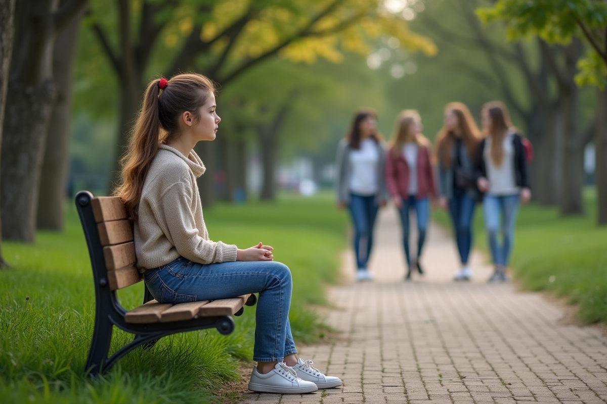 Jeune fille pensant assise dans un parc public