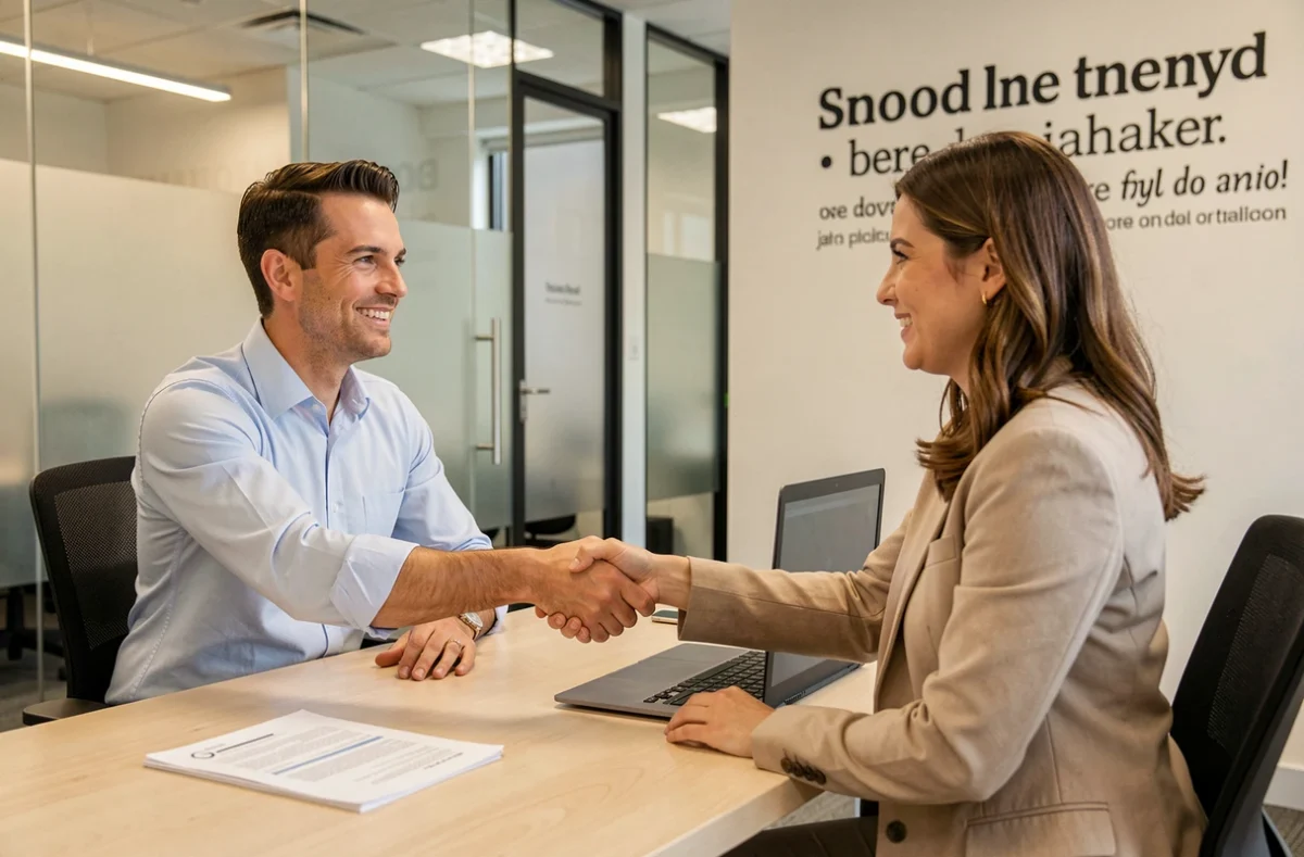 Conseiller Good Interim finalisant un accord avec une candidate dans l'agence du Var