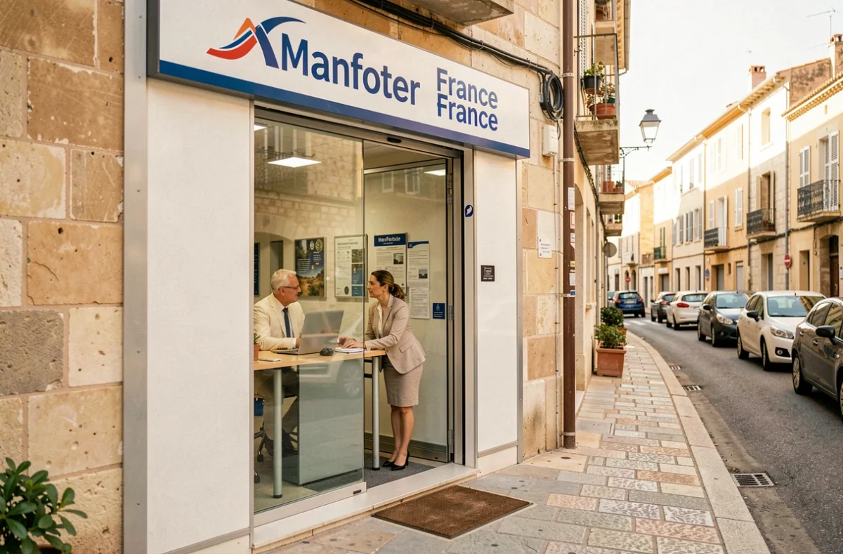 Façade de l'agence Manpower France dans une ville du Var avec des conseillers visibles à l'intérieur