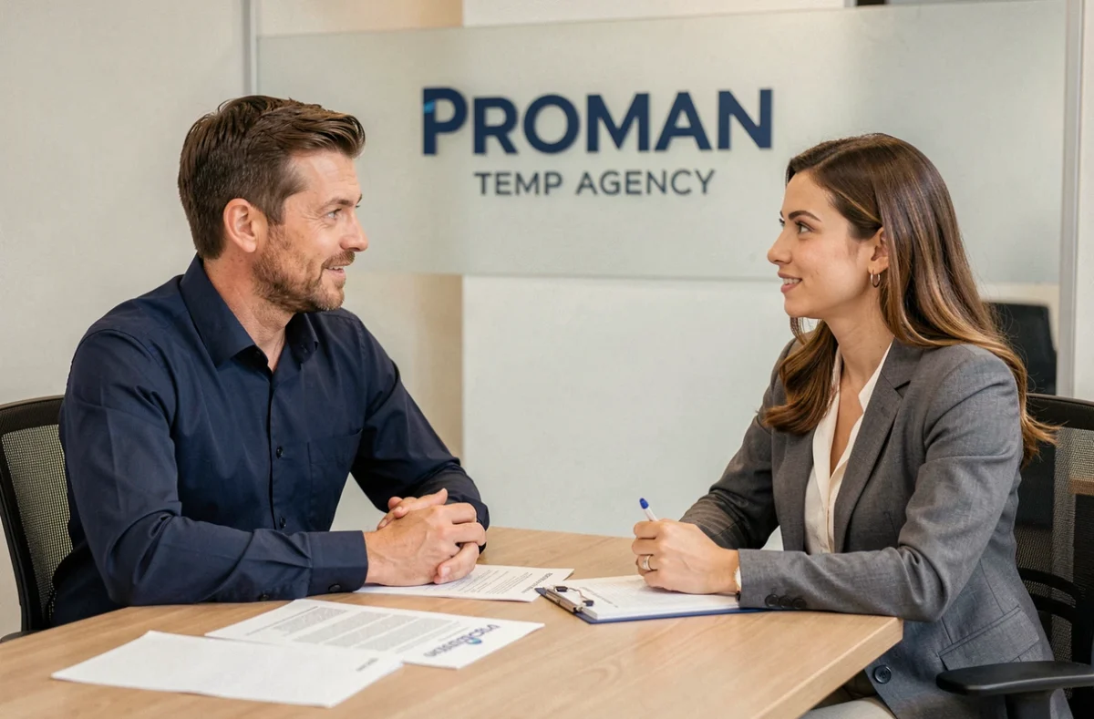 Consultant Proman en entretien avec une candidate dans une agence d'intérim professionnelle
