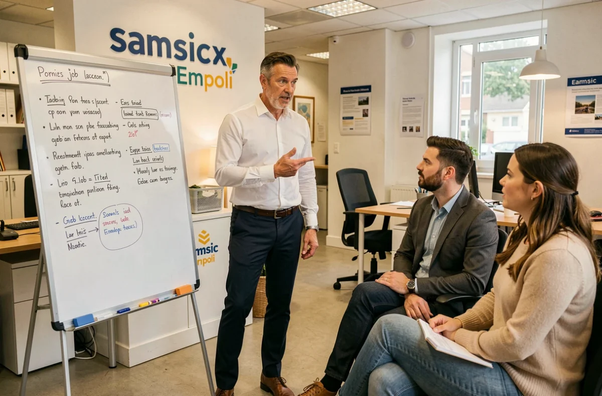 Consultant Samsic Emploi présentant des offres d'emploi à des candidats dans le Var