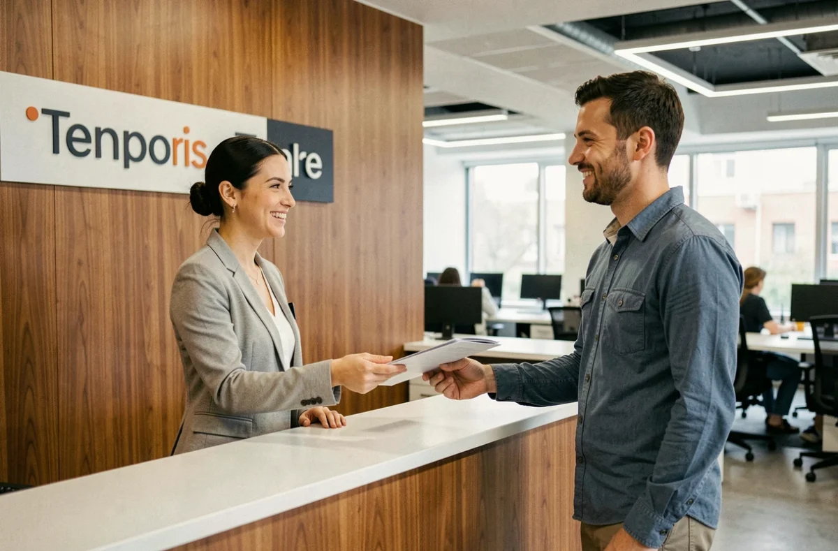 Conseillère Temporis accueillant un candidat à l'emploi dans une agence d'intérim du Var