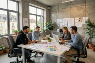 Équipe d'une agence web dans l'Allier travaillant ensemble autour d'une grande table avec ordinateurs et maquettes de sites internet