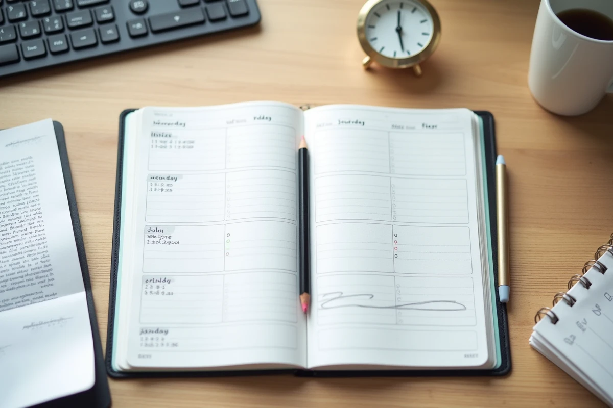 Agenda ouvert avec des jours ouvrables encerclés sur un bureau de travail, vue du dessus