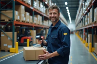 Agent logistique scannant un colis sur un tapis roulant dans un entrepôt Kuehne et Nagel