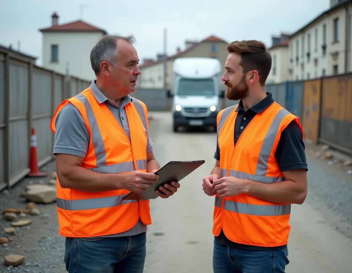 Agent de maîtrise en gilet fluorescent sur chantier de travaux publics discutant de la grille indiciaire avec un collègue, contexte fonction publique territoriale