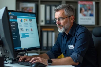 Agent de transit regardant l'interface RATP sur son ordinateur