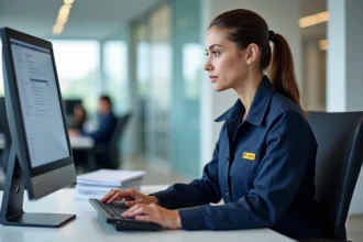 Agent débutante de La Poste consultant le portail RH Gta sur son ordinateur de bureau en open space