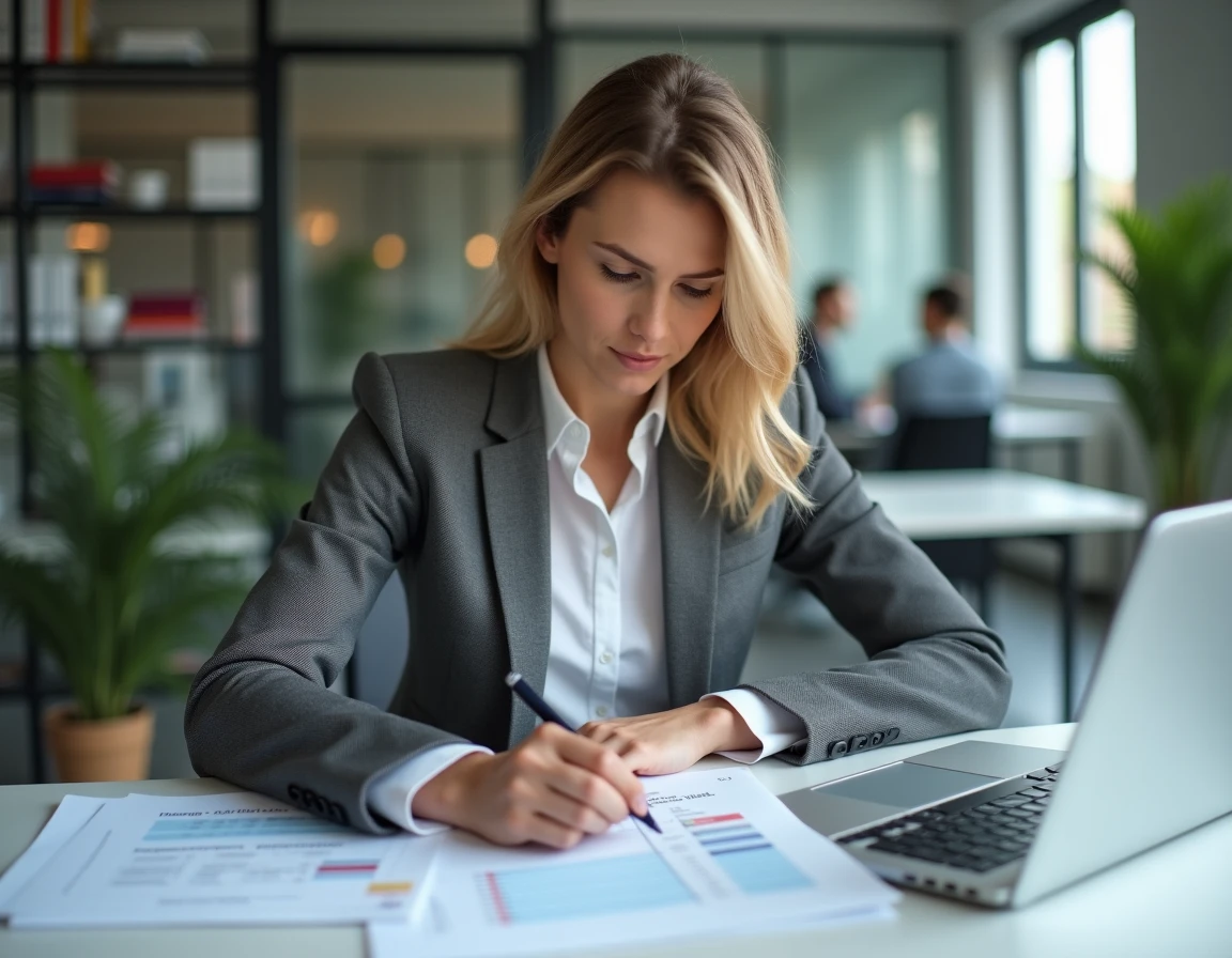 Femme agent de maîtrise en bureau administratif analysant la grille indiciaire 2026 sur des documents imprimés et un ordinateur portable