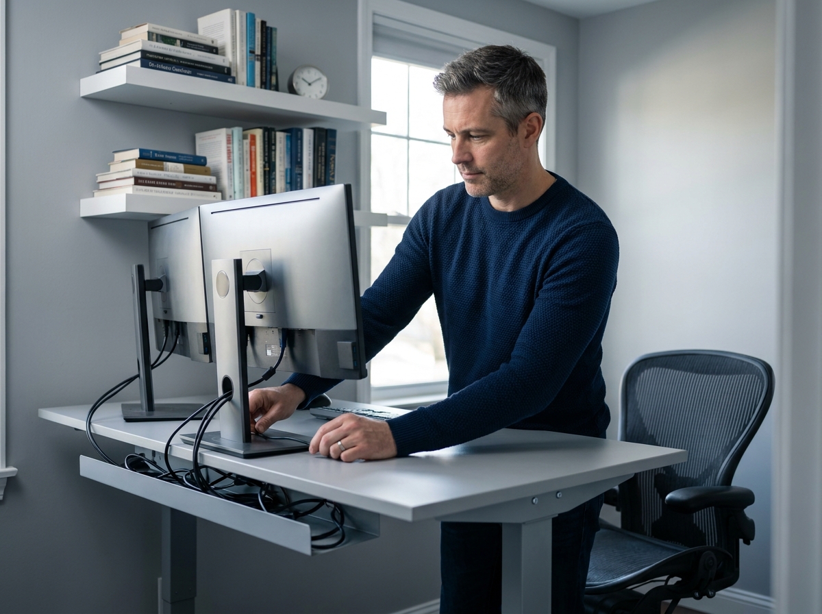 Homme aménageant un bureau debout avec double écran dans un espace de travail à domicile bien organisé
