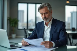 Homme d'affaires analysant des documents financiers dans un bureau moderne, illustrant l'analyse critique d'un investissement