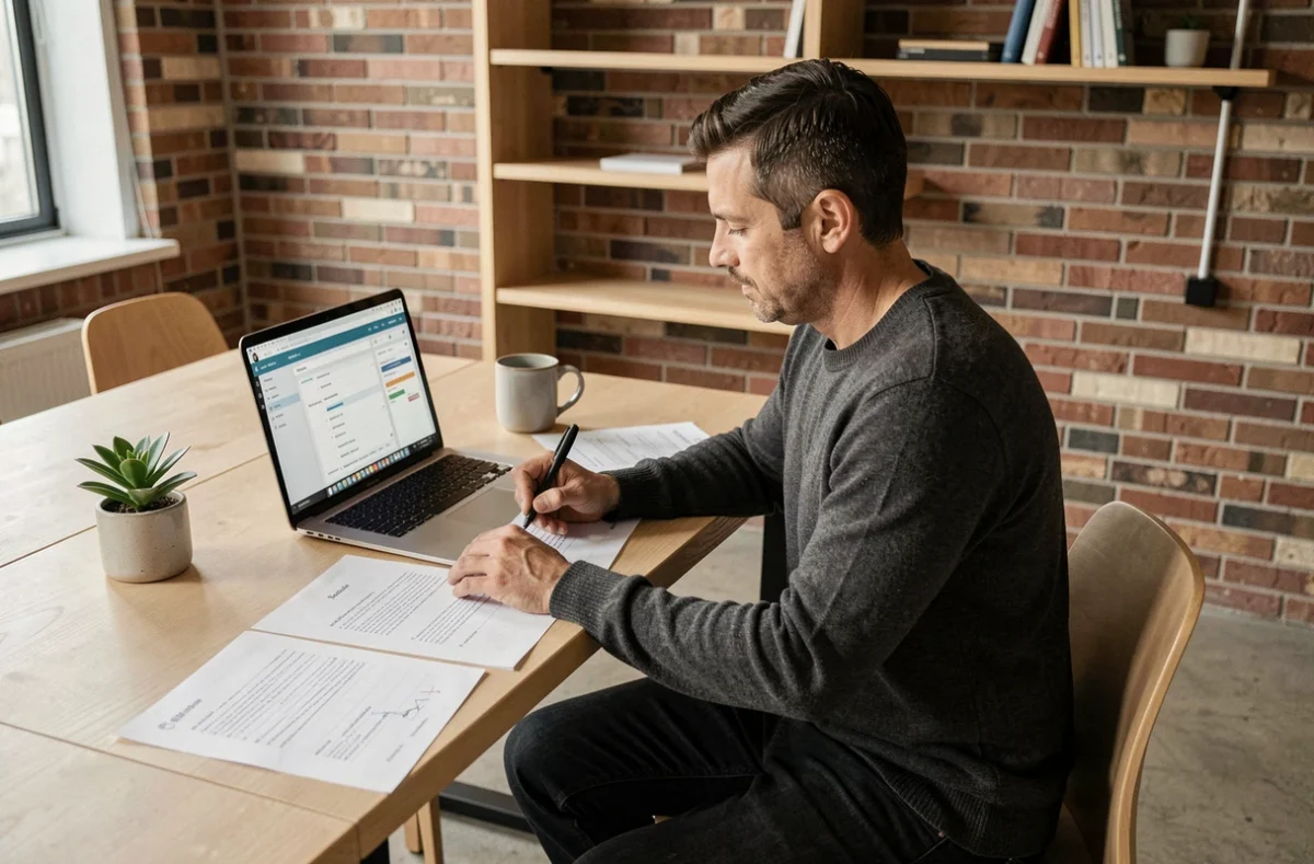 Professionnel analysant les rapports et perspectives d'avenir d'Adivak dans un espace de travail moderne et collaboratif