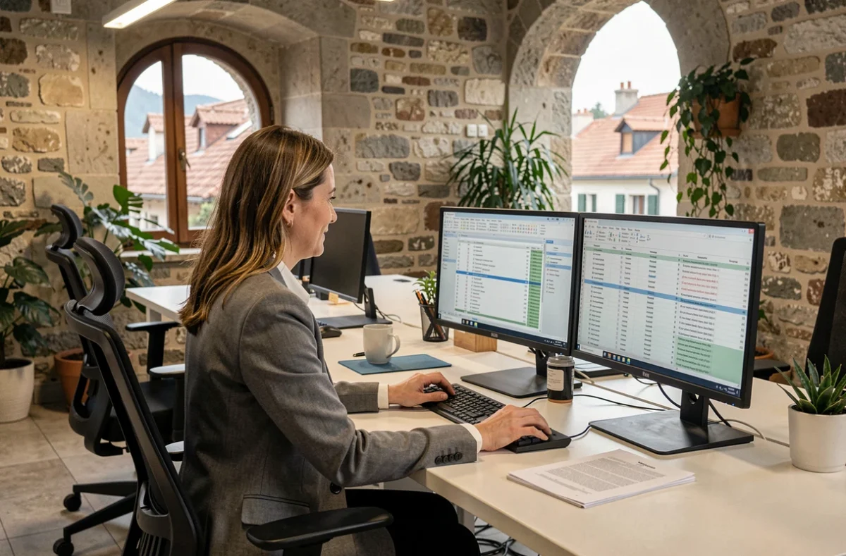 Analyste consultant le registre public d'une entreprise sur ordinateur dans un bureau historique d'Annecy