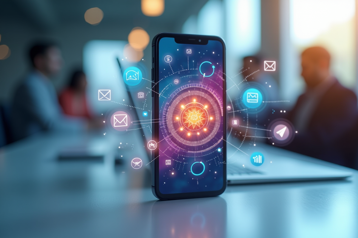 Smartphone avec analytics marketing et icônes de réseaux sociaux