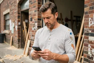 Artisan masculin en tenue de travail se connectant à son compte professionnel sur smartphone devant son atelier