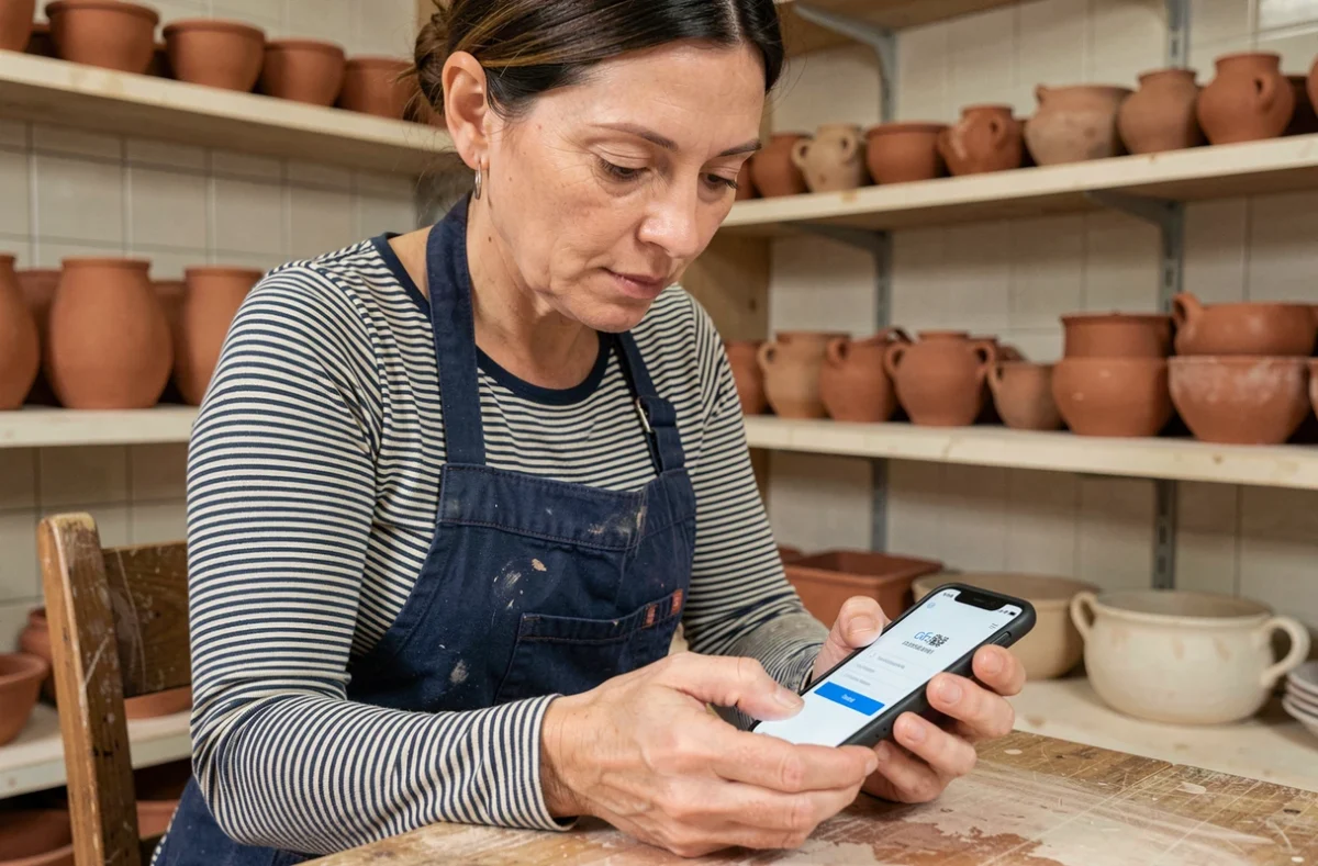 Artisane en tablier connectée à son espace personnel sur mobile dans un atelier de céramique