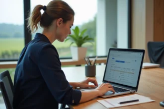 Assistante de gestion consultant l'extranet pro du CIVC sur un ordinateur portable dans un bureau moderne