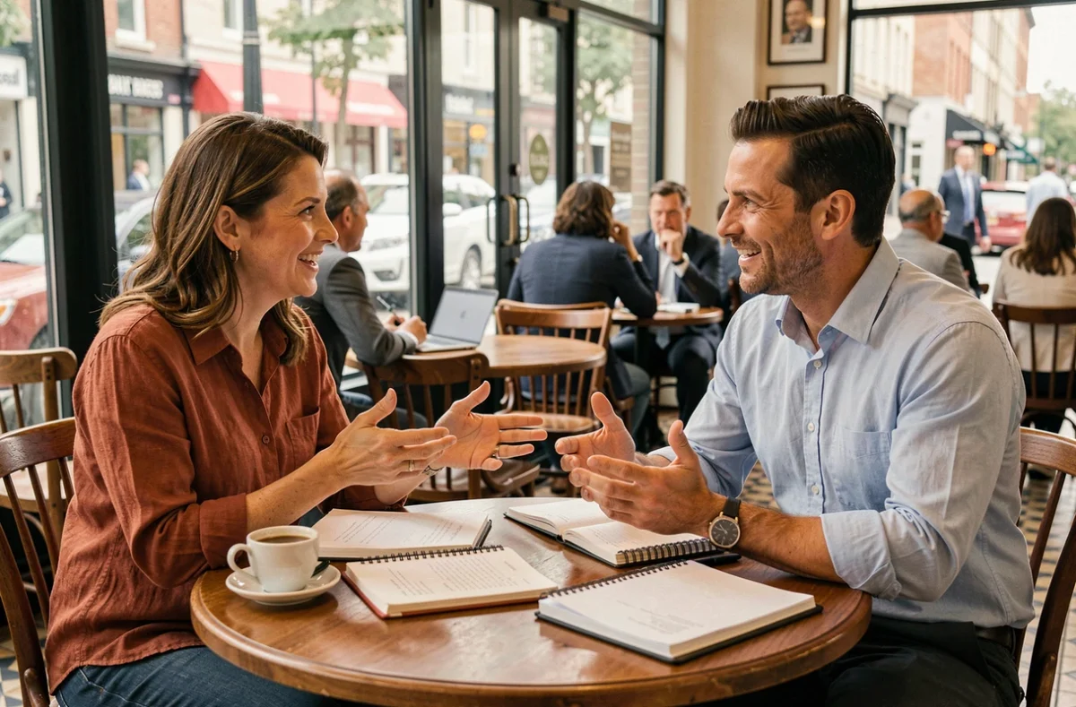 Deux associés discutant de la stratégie de développement commercial et du périmètre d'activité dans un café de travail