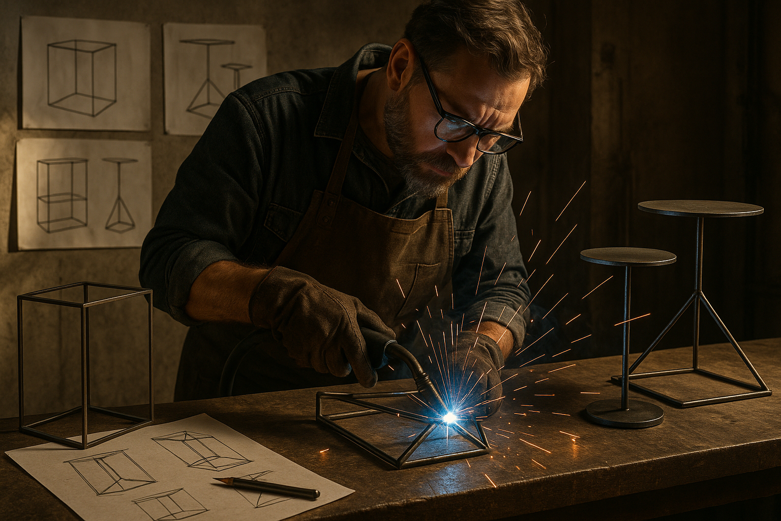 Artisan soudant une structure métallique dans un atelier avec éclats de soudure