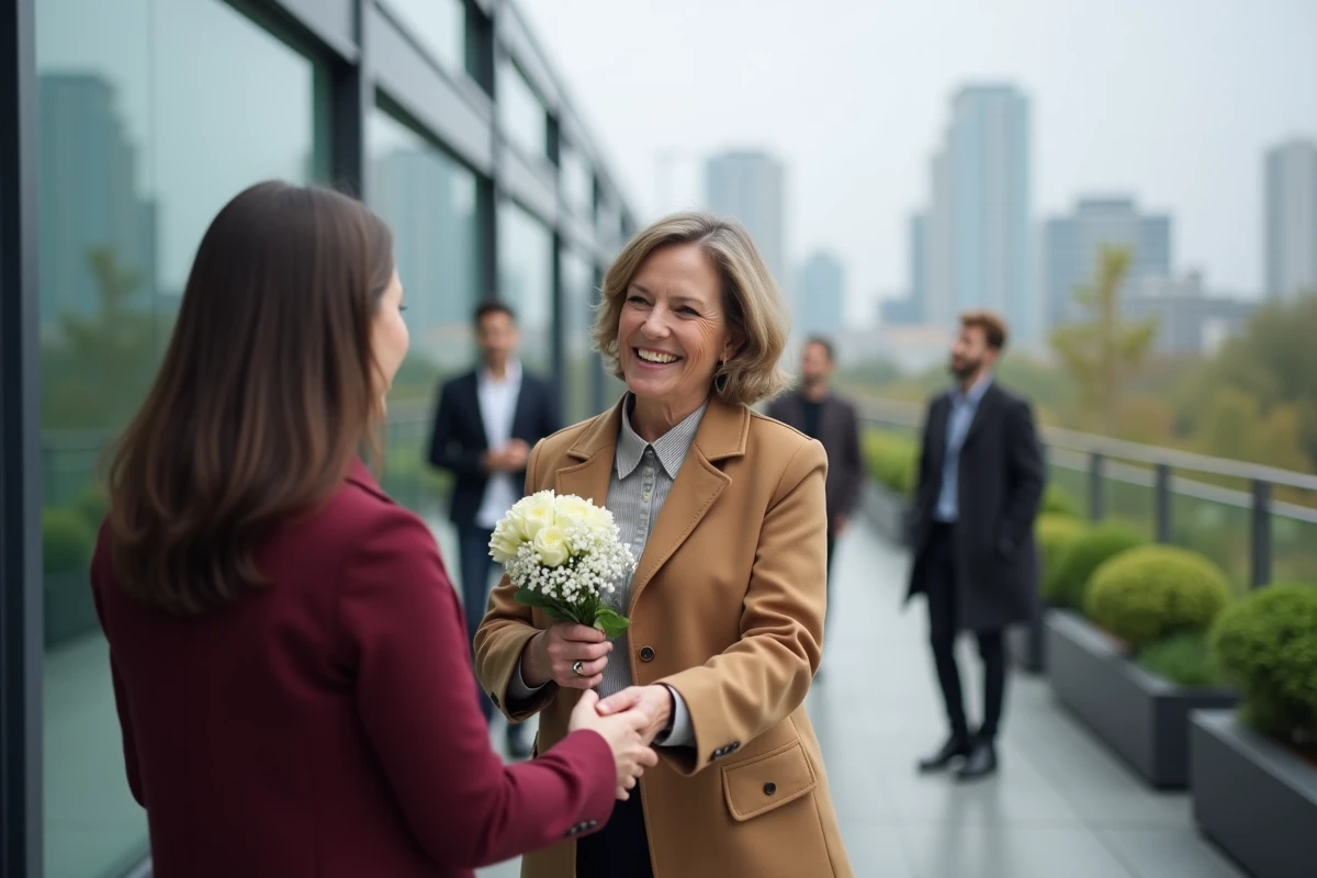 Deux collègues se serrant la main lors d'un au revoir professionnel sur une terrasse de campus d'entreprise moderne
