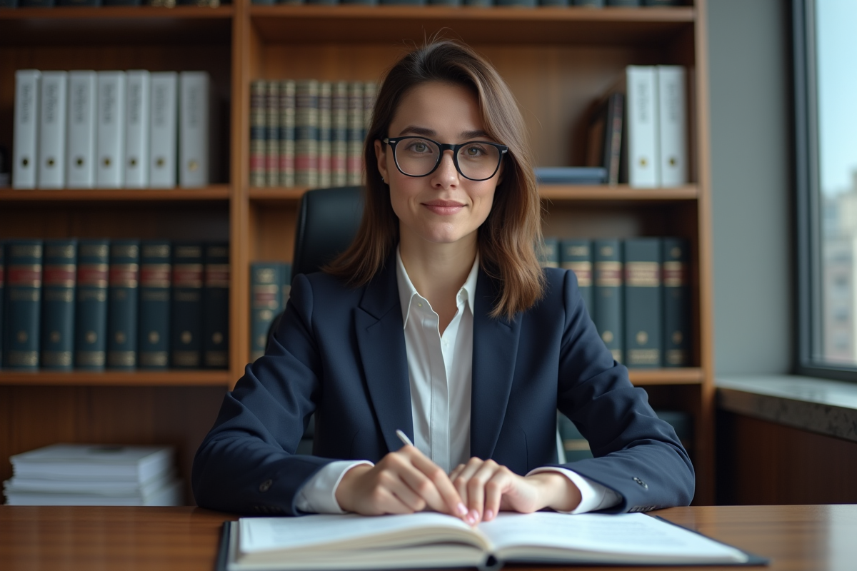 Femme avocate en costume examinant des documents juridiques