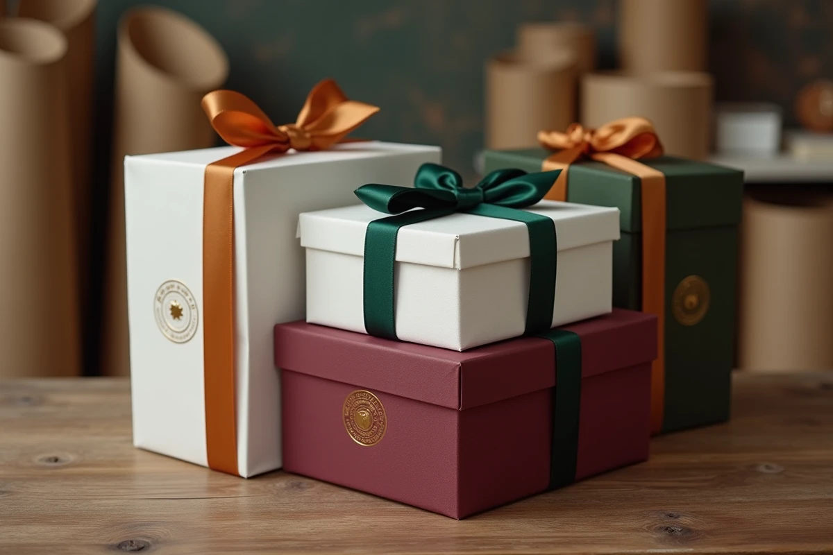 Boîtes cadeaux luxueuses empilées avec logos embossés et rubans de soie dans un atelier de packaging artisanal