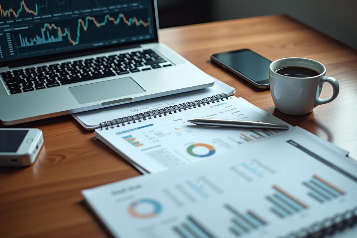 Vue aérienne d'un bureau d'analyste avec documents financiers, tableau de bord de données et indicateurs clés pour Nat EX