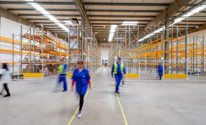 man in blue jacket and blue pants walking on yellow metal frame