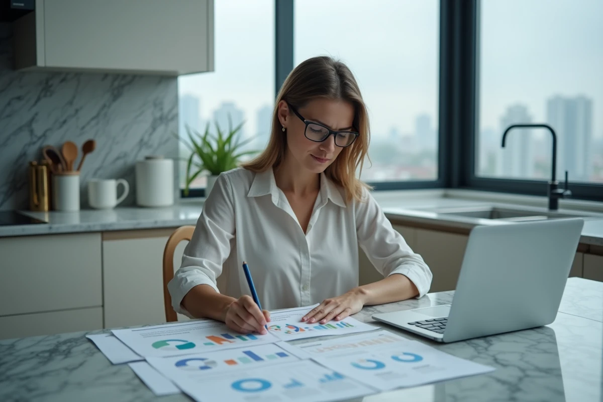 Femme cadre en télétravail analysant des organigrammes complexes, symbole de la loi de Peters dans le management à distance