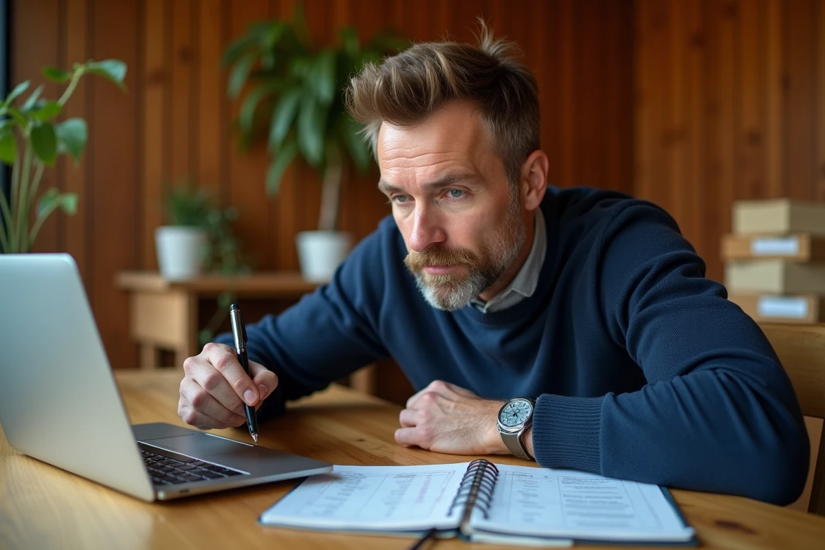 Homme en télétravail calculant des délais en jours ouvrables sur un agenda et un ordinateur