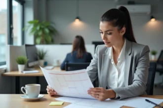 Femme calculant des jours ouvrables sur un calendrier papier dans un bureau moderne