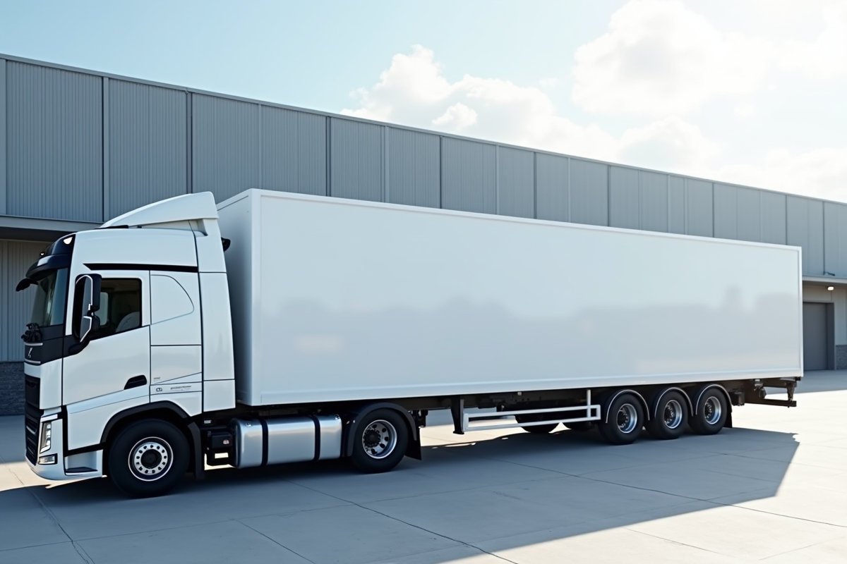 Camion blanc de livraison moderne devant un entrepôt d'entreprise