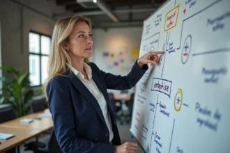 Femme dirigeante analysant la caractérisation stratégique d'une entreprise sur un tableau blanc en open space