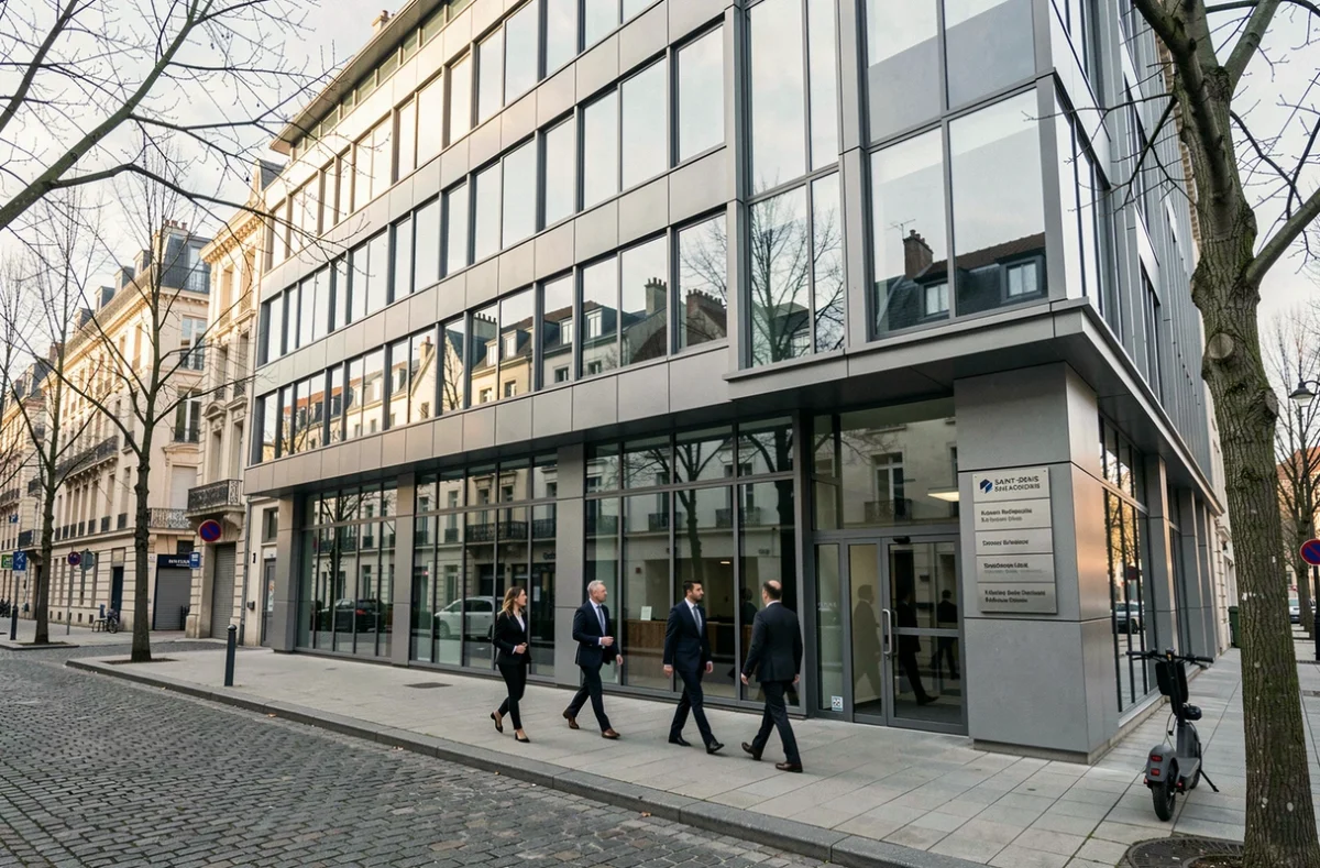 Façade d'un centre d'affaires proposant des services de domiciliation d'entreprise à Saint-Denis