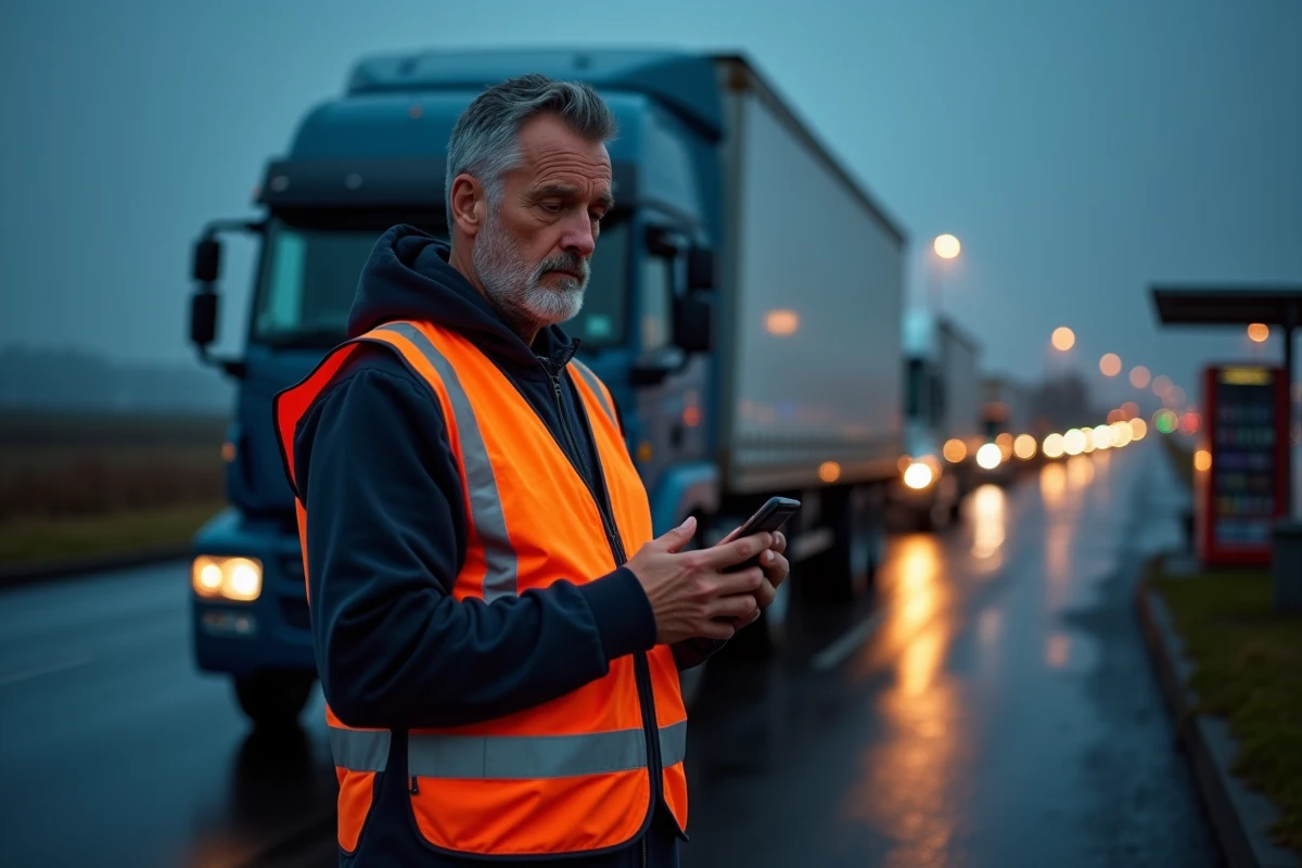 Chauffeur routier en zone de repos autoroutière la nuit consultant une application de calcul de salaire et d'heures supplémentaires