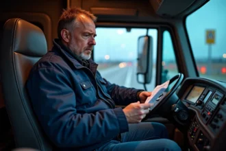 Chauffeur routier masculin dans la cabine d'un camion examinant sa fiche de paie, illustrant le taux horaire et les heures de nuit 2026