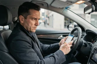 Chauffeur VTC dans son véhicule consultant une application de mise en relation sur smartphone, illustrant les enjeux du rattachement illégal aux plateformes VTC