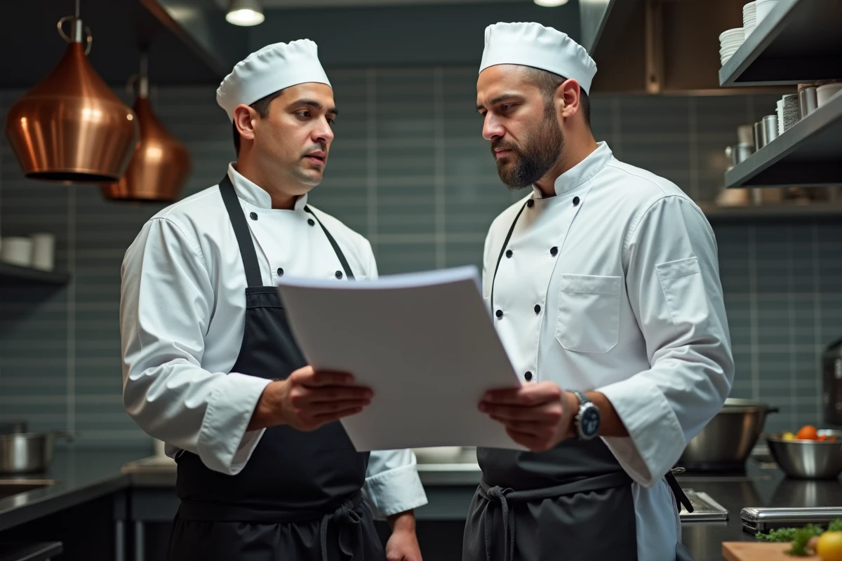 Chef cuisinier et employé de restaurant discutant du planning d'heures de travail en cuisine professionnelle