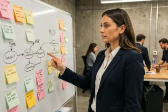 Cheffe de projet startup expliquant la signification du MVP sur un tableau blanc avec des post-its et un roadmap produit