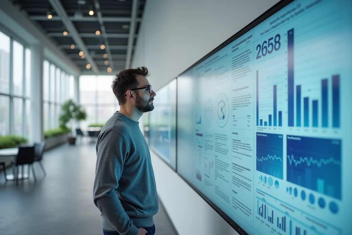 Chercheur analysant des données et infographies sur un écran dans un centre de recherche académique