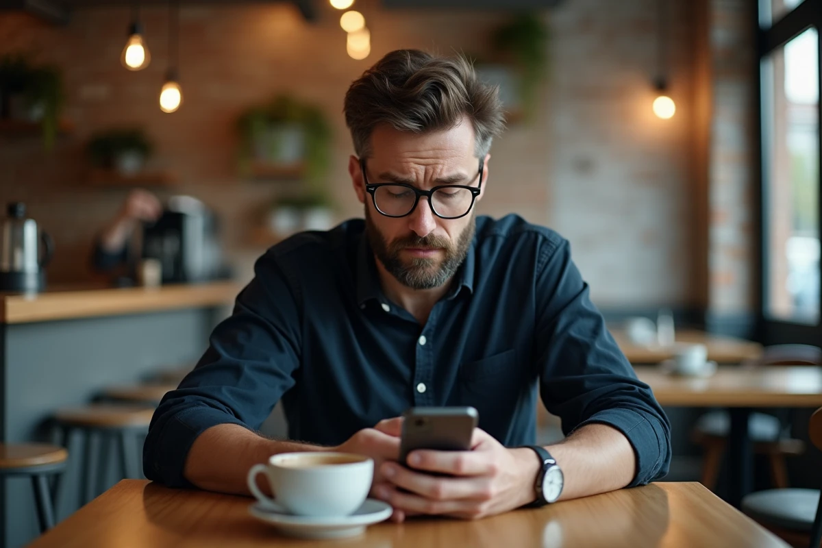 Client déçu dans un café regardant son téléphone, symbolisant la perte de confiance due aux erreurs de communication sur WhatsApp Business