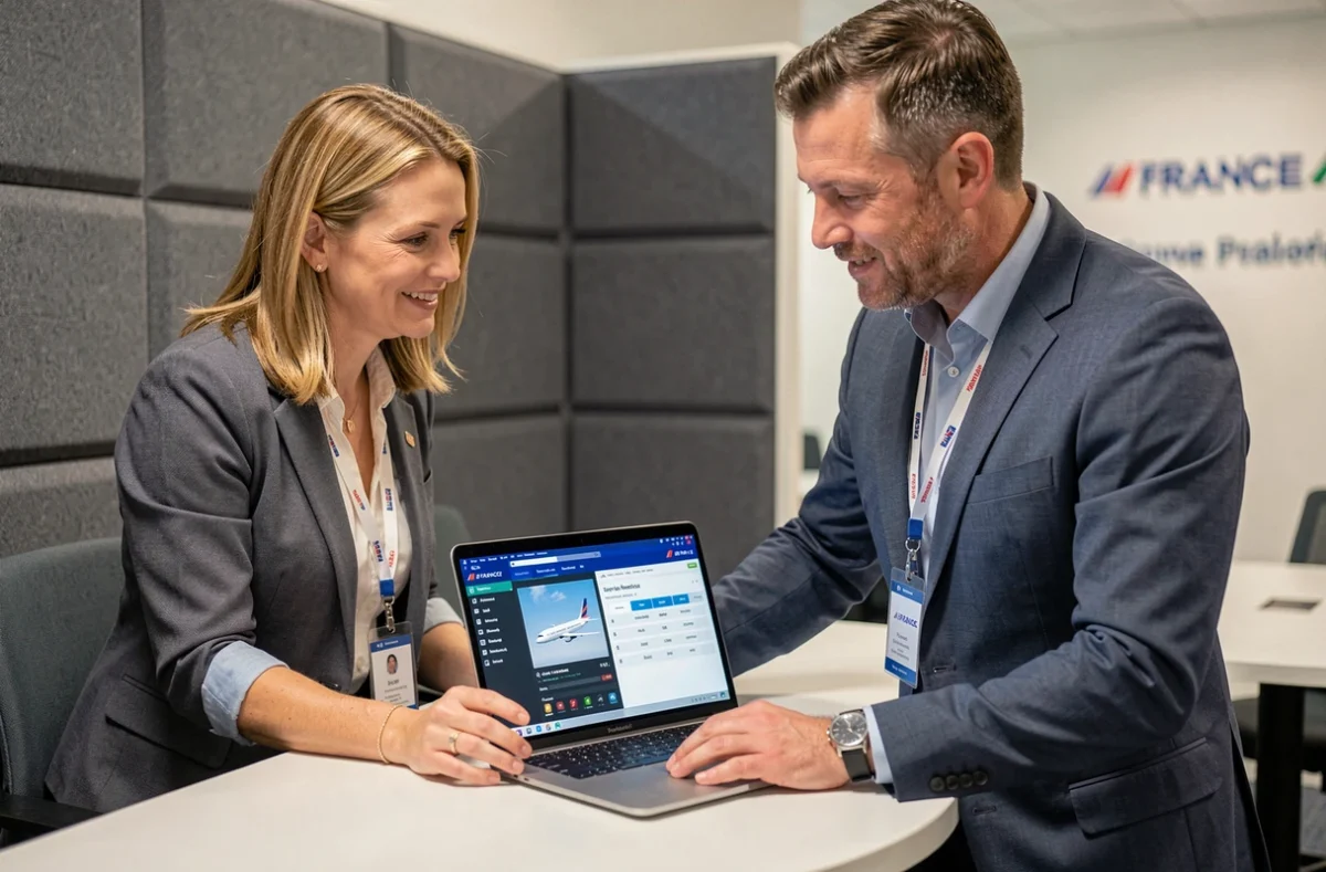Deux collaborateurs Air France consultant ensemble des portails de gestion sur un ordinateur portable en espace de collaboration
