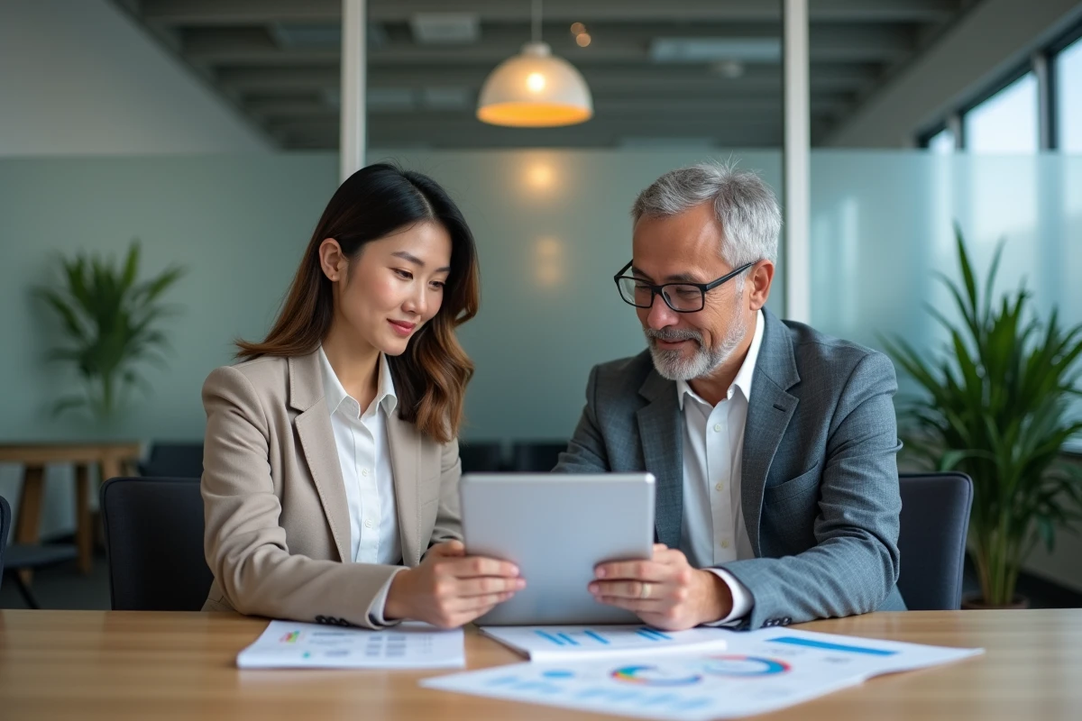 Deux assistants de gestion collaborant sur l'extranet CIVC avec un guide de procédures dans une salle de réunion professionnelle