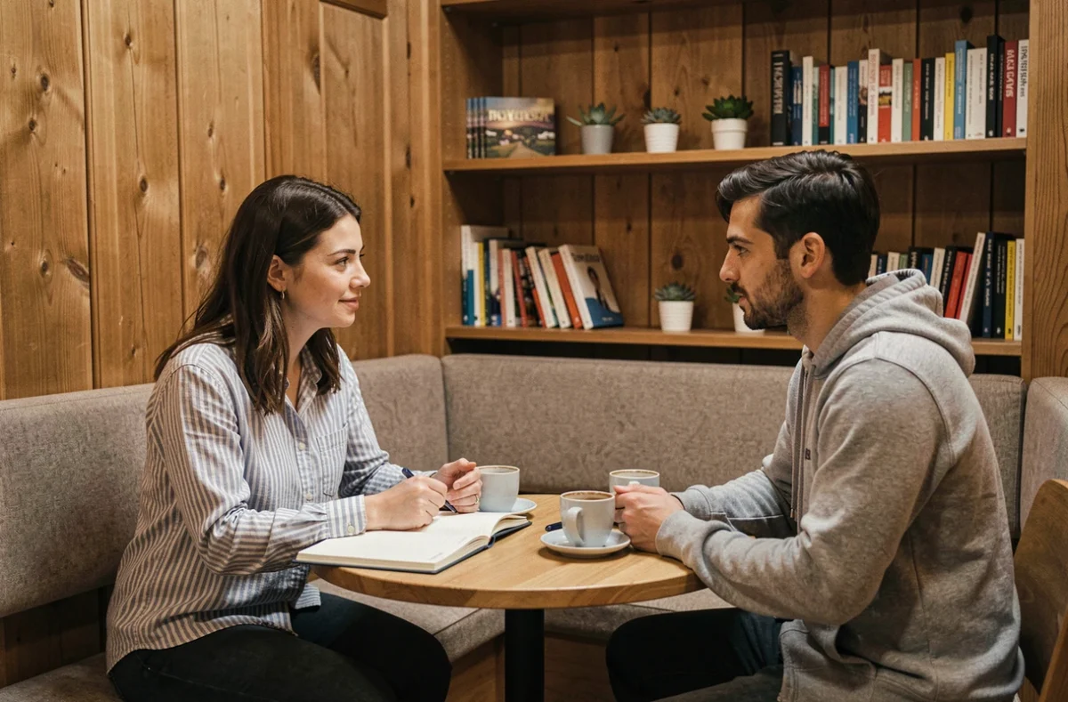 Deux collègues en discussion collaborative dans un espace de détente d'un coworking à Cambrai, avec carnets ouverts et tasses de café sur une table ronde
